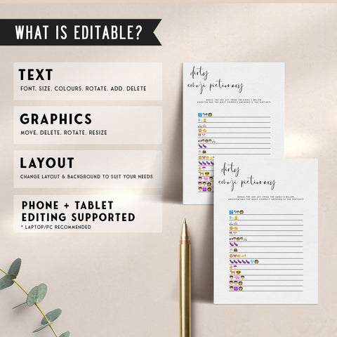Fully editable and printable bridal shower dirty emoji pictionary game with a modern minimalist design. Perfect for a modern simple bridal shower themed party