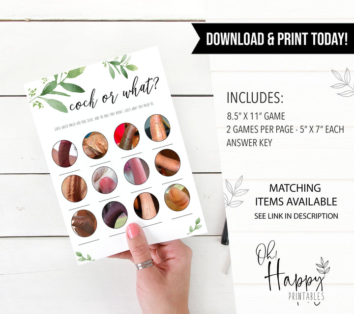 cock or what bachelorette game, greenery bridal shower, fun bridal shower games, bachelorette party games, floral bridal games, hen party ideas