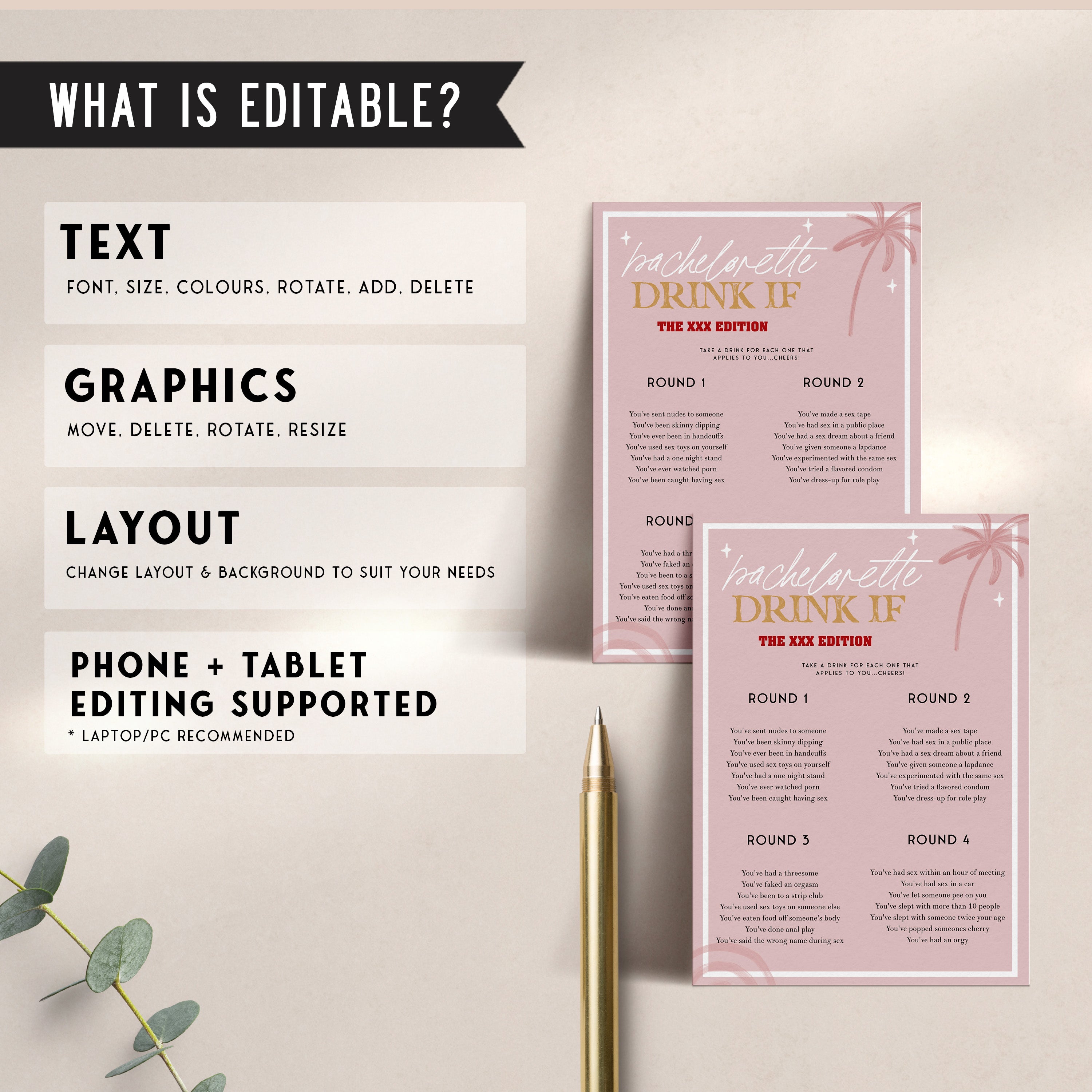 Fully editable and printable bridal shower dirty bachelorette drink if game with a Palm Springs design. Perfect for a Palm Springs bridal shower themed party