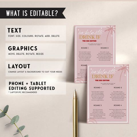 Fully editable and printable bridal shower dirty bachelorette drink if game with a Palm Springs design. Perfect for a Palm Springs bridal shower themed party