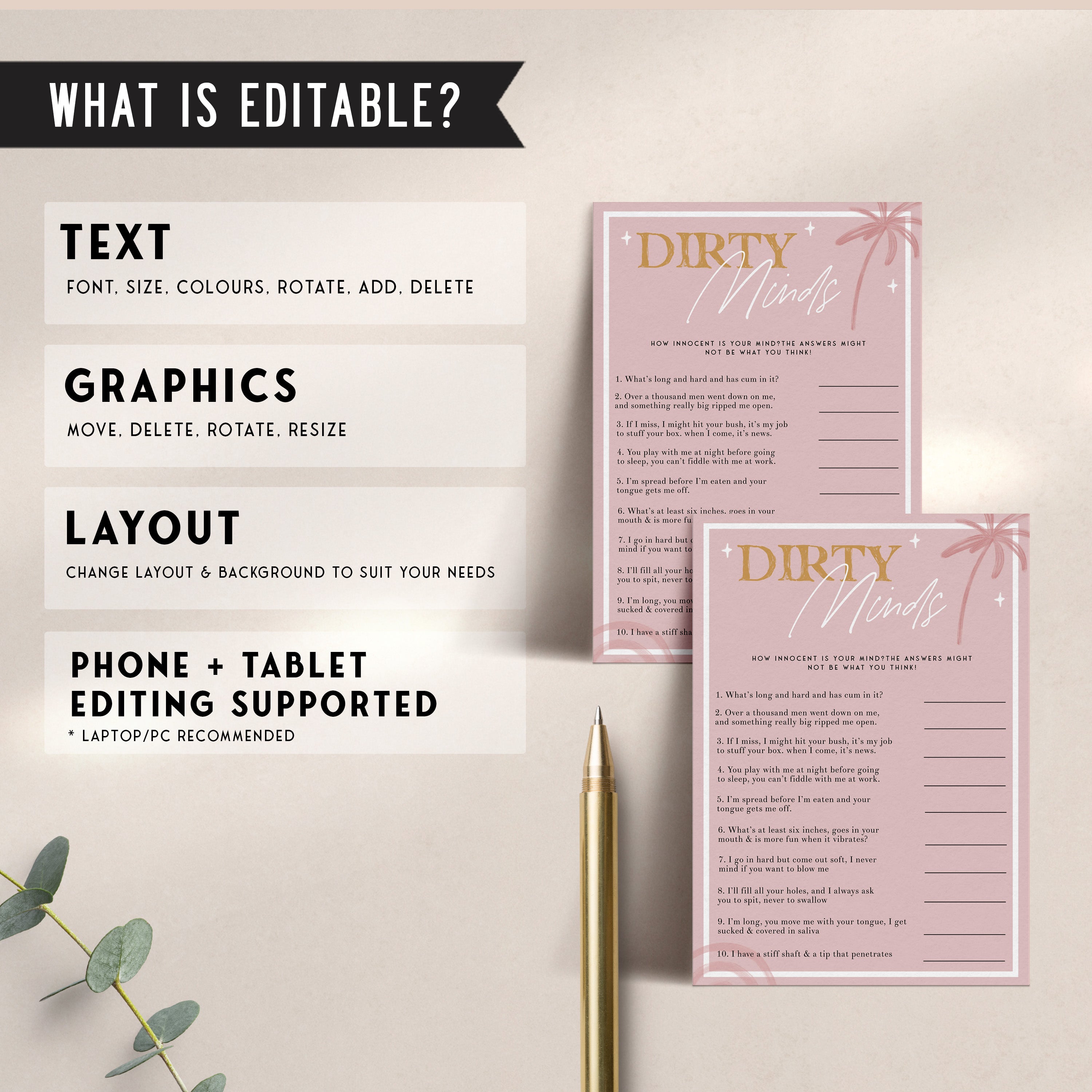 Fully editable and printable bridal shower dirty minds game with a Palm Springs design. Perfect for a Palm Springs bridal shower themed party