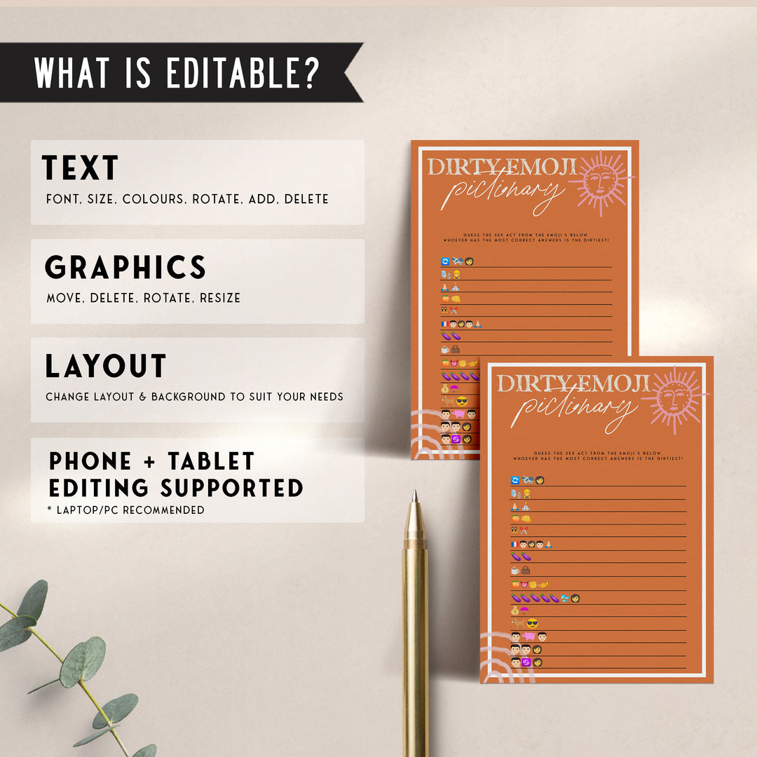 Fully editable and printable bridal shower dirty emoji pictionary game with a Palm Springs design. Perfect for a Palm Springs bridal shower themed party