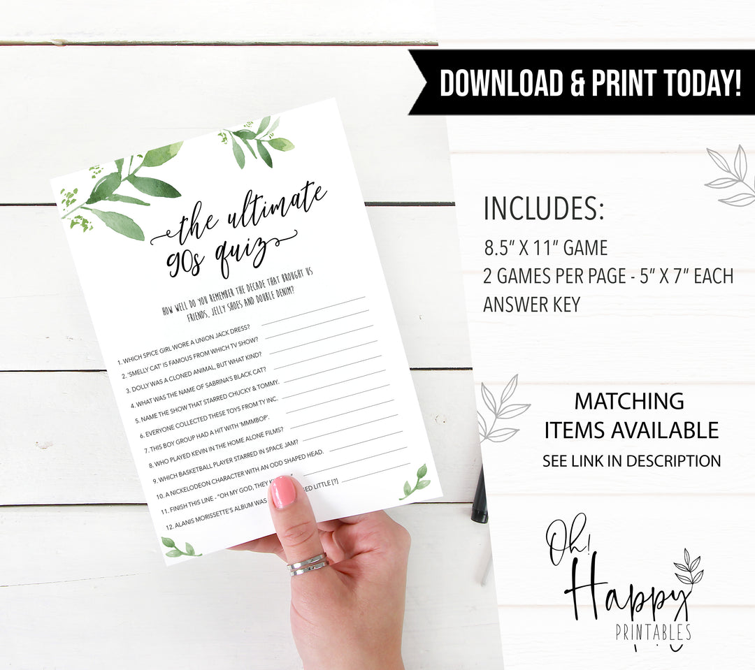 90s bridal quiz game, greenery bridal shower, fun bridal shower games, bachelorette party games, floral bridal games, hen party ideas