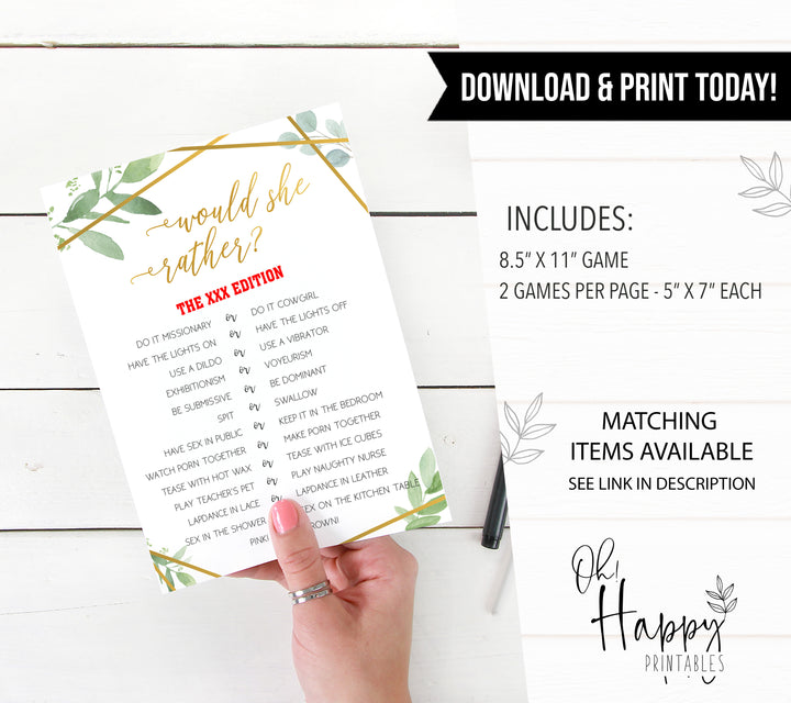 xxx would she rather bridal game, printable bridal shower games, floral bridal shower games