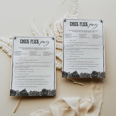 Fully editable and printable bridal shower chick flick quiz game with a gothic design. Perfect for a Bride or Die or Death Us To Party bridal shower themed party