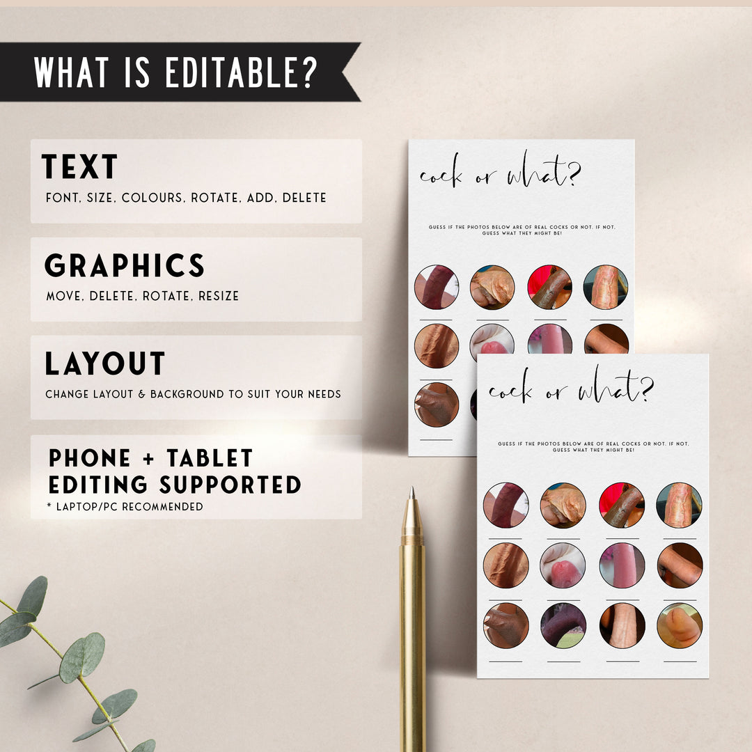 Fully editable and printable bridal shower cock or what game with a modern minimalist design. Perfect for a modern simple bridal shower themed party