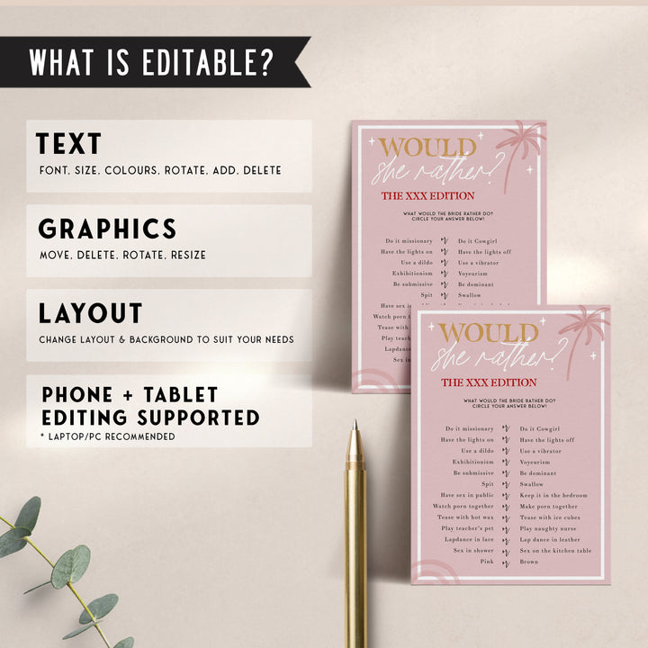 Fully editable and printable bridal shower dirty would she rather game with a Palm Springs design. Perfect for a Palm Springs bridal shower themed party
