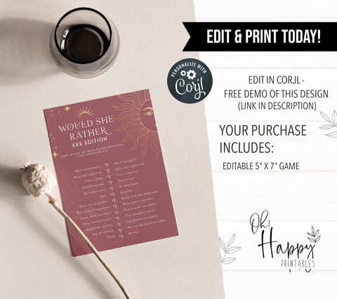 Fully editable and printable bridal shower dirty would she rather game with a celestial design. Perfect for a celestial bridal shower themed party