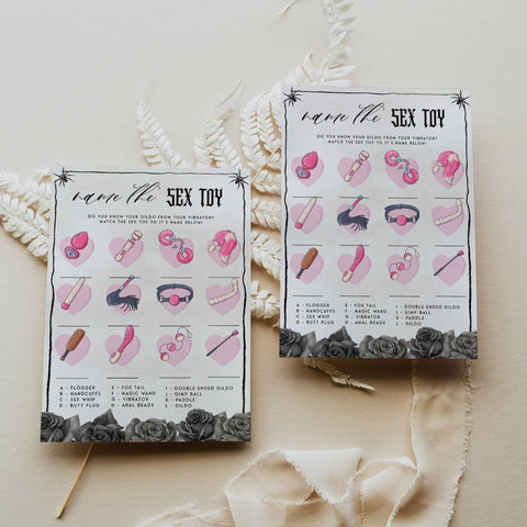 Fully editable and printable bridal shower name the sex toy game with a gothic design. Perfect for a Bride or Die or Death Us To Party bridal shower themed party