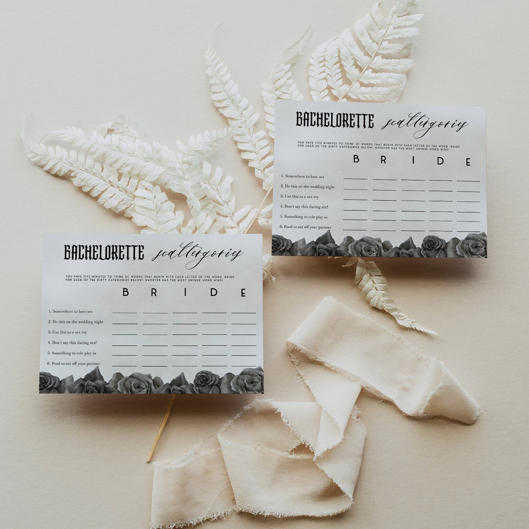 Fully editable and printable bridal shower bachelorette scattergories game with a gothic design. Perfect for a Bride or Die or Death Us To Party bridal shower themed party