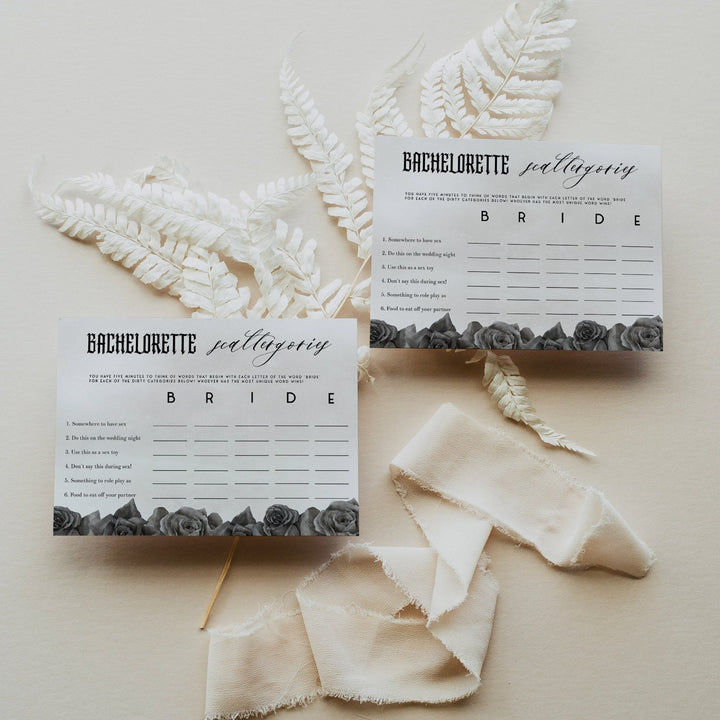 Fully editable and printable bridal shower bachelorette scattergories game with a gothic design. Perfect for a Bride or Die or Death Us To Party bridal shower themed party