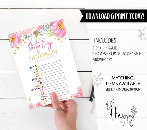dirty emoji pictionary game, date night jar, printable bridal shower games, blush floral bridal shower games, fun bridal shower games