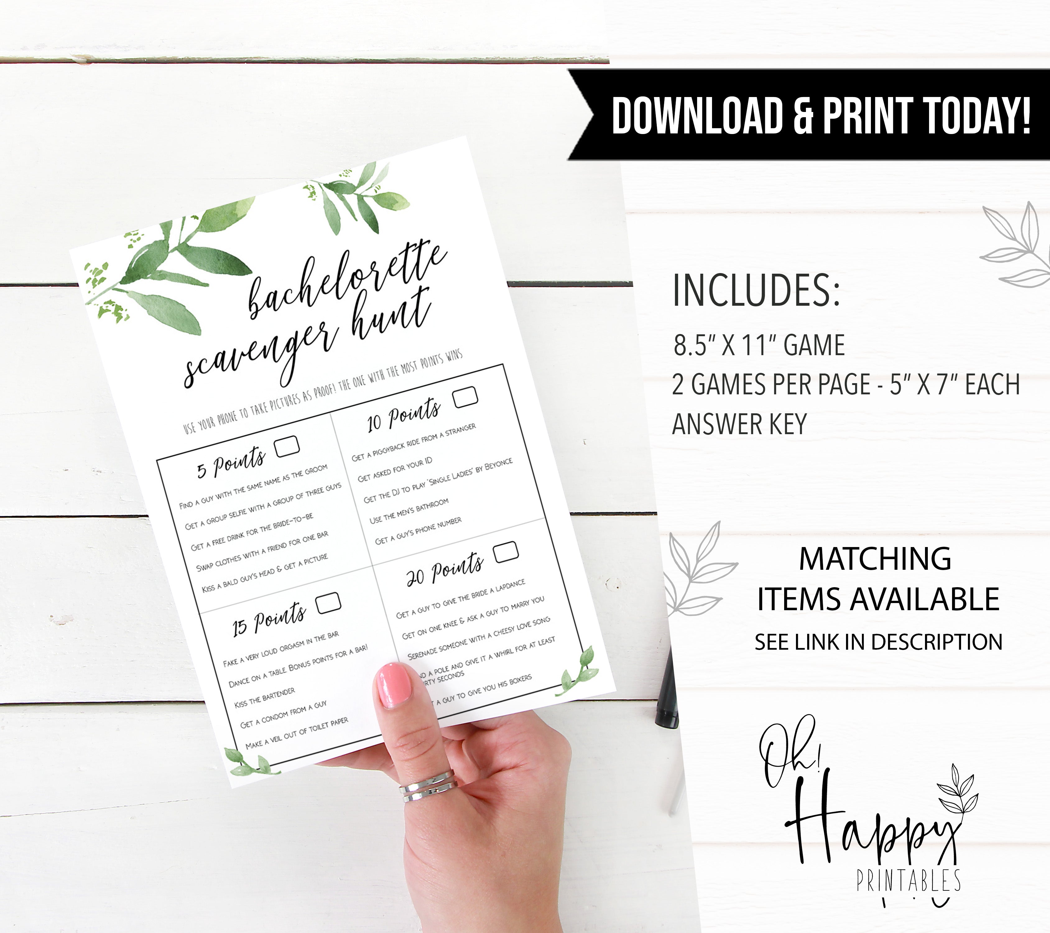 bachelorette scavenger hunt, greenery bridal shower, fun bridal shower games, bachelorette party games, floral bridal games, hen party ideas