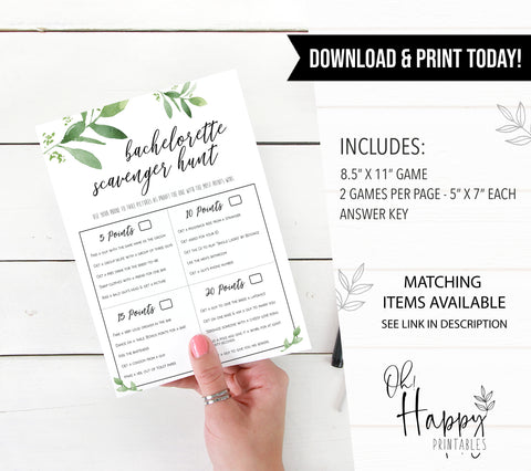 bachelorette scavenger hunt, greenery bridal shower, fun bridal shower games, bachelorette party games, floral bridal games, hen party ideas