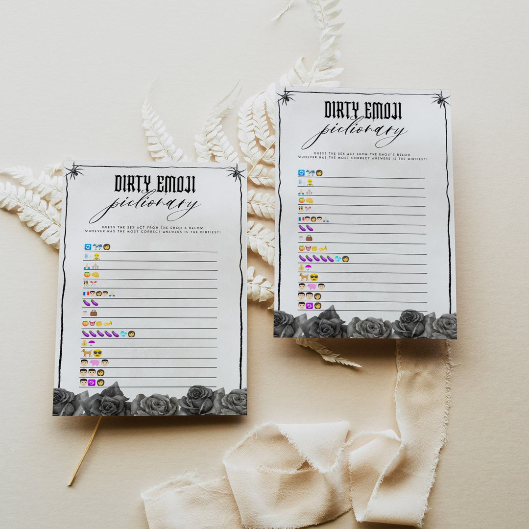 Fully editable and printable bridal shower dirty emoji pictionary game with a gothic design. Perfect for a Bride or Die or Death Us To Party bridal shower themed party