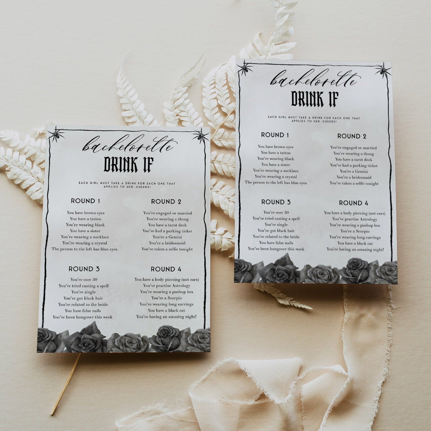 Fully editable and printable bridal shower bachelorette Drink If game with a gothic design. Perfect for a Bride or Die or Death Us To Party bridal shower themed party