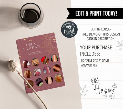 Fully editable and printable bridal shower cock or what game with a celestial design. Perfect for a celestial bridal shower themed party