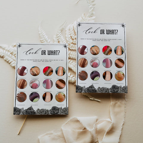 Fully editable and printable bridal shower cock or what game with a gothic design. Perfect for a Bride or Die or Death Us To Party bridal shower themed party