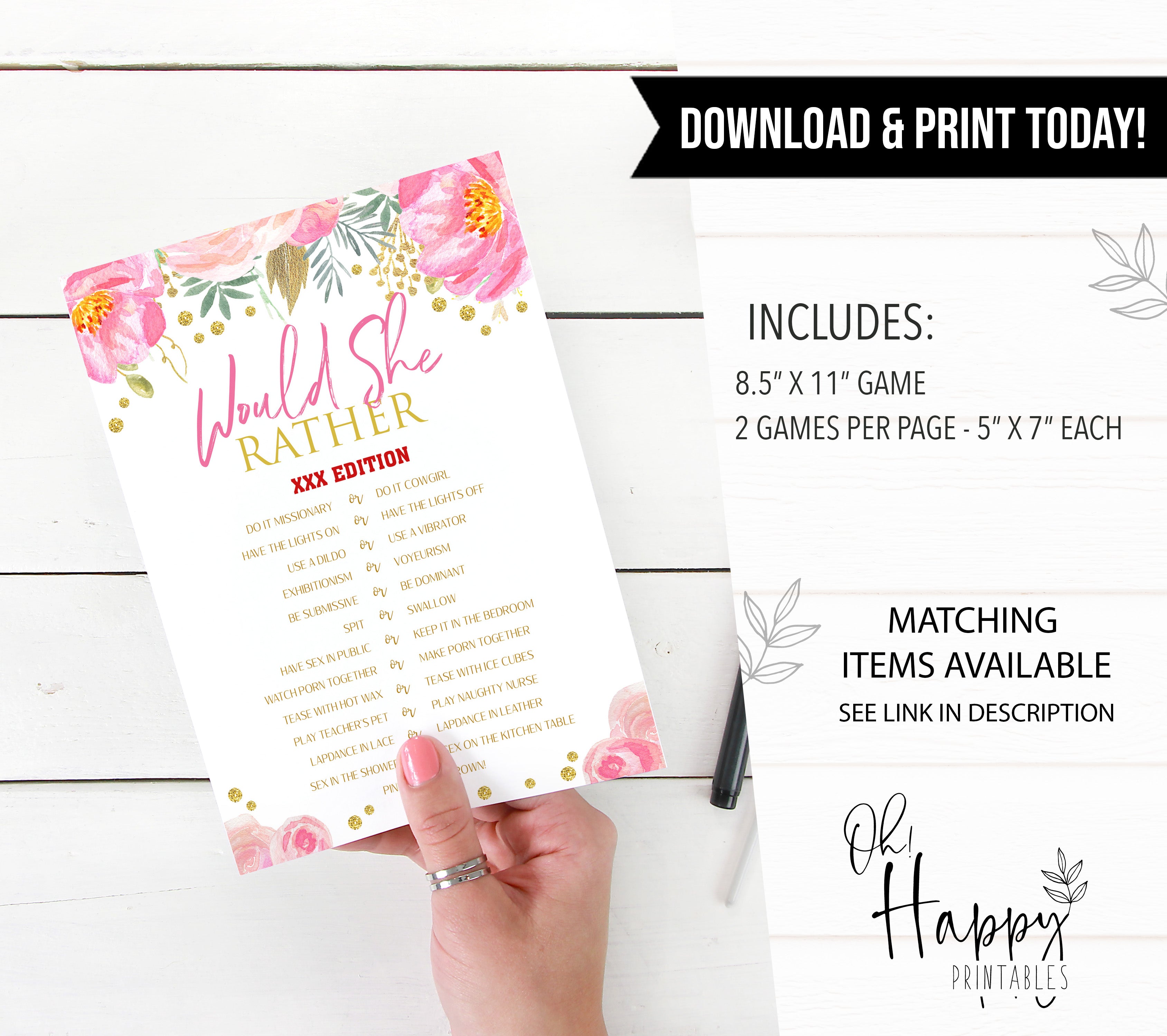 adult would she rather, printable bridal shower games, blush floral bridal shower games, fun bridal shower games