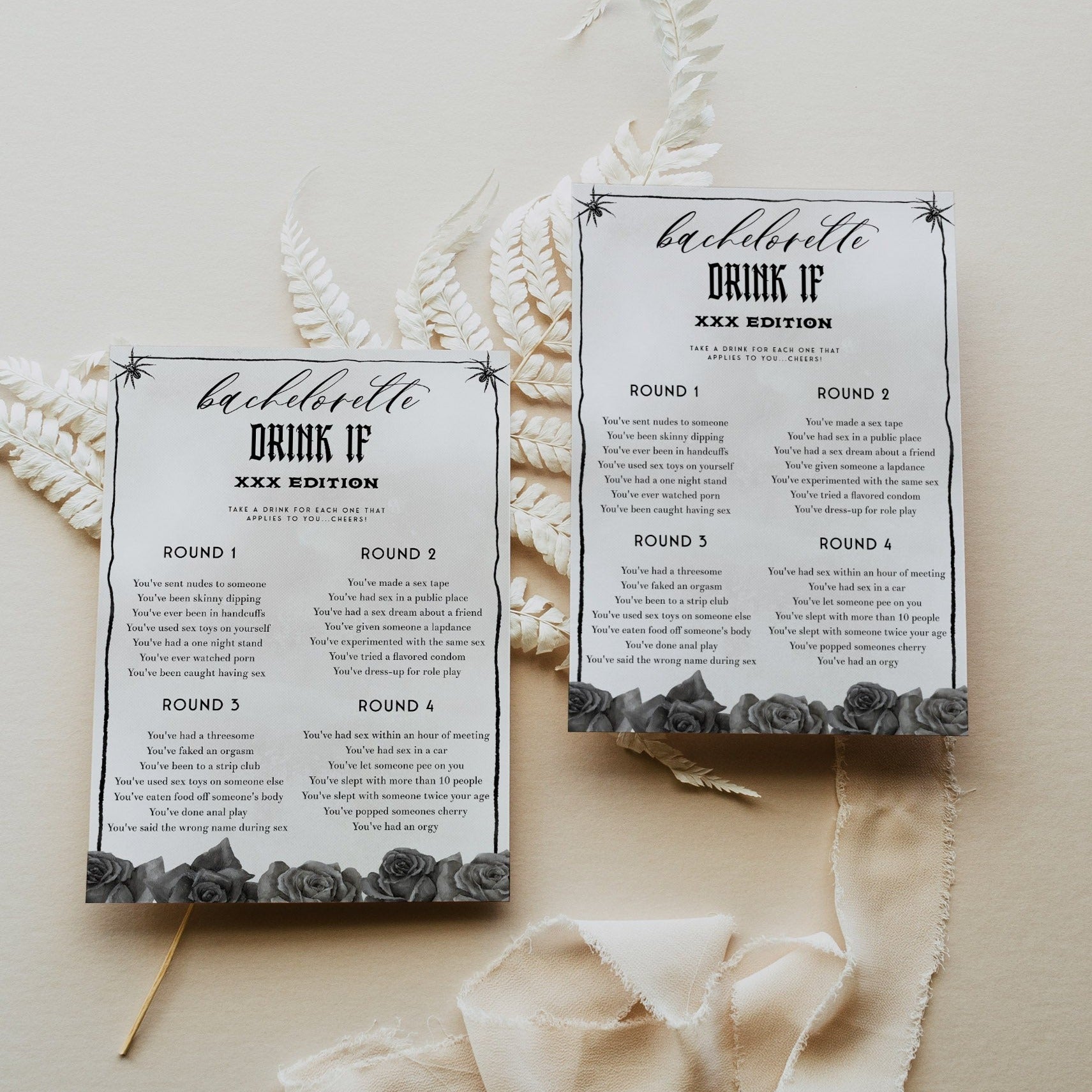 Fully editable and printable bridal shower bachelorette drink if adult game with a gothic design. Perfect for a Bride or Die or Death Us To Party bridal shower themed party