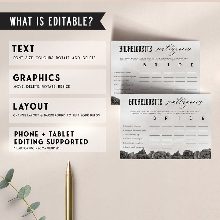 Fully editable and printable bridal shower bachelorette scattergories game with a gothic design. Perfect for a Bride or Die or Death Us To Party bridal shower themed party