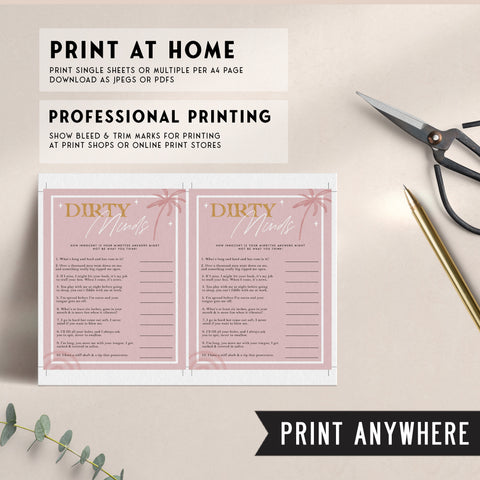 Fully editable and printable bridal shower dirty minds game with a Palm Springs design. Perfect for a Palm Springs bridal shower themed party