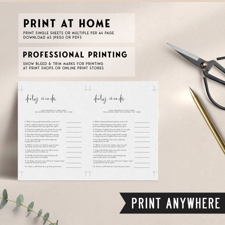 Fully editable and printable bridal shower dirty minds game with a modern minimalist design. Perfect for a modern simple bridal shower themed party