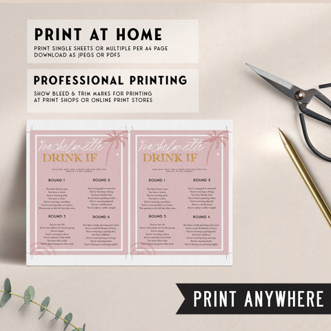 Fully editable and printable bridal shower bachelorette drink if game with a Palm Springs design. Perfect for a Palm Springs bridal shower themed party