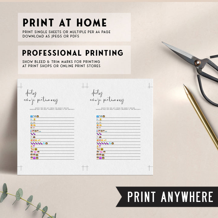 Fully editable and printable bridal shower dirty emoji pictionary game with a modern minimalist design. Perfect for a modern simple bridal shower themed party