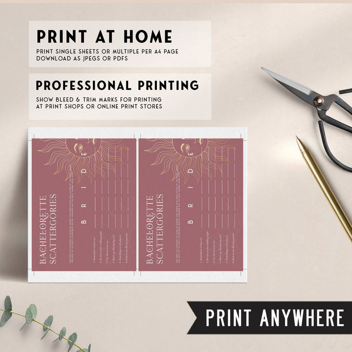 Fully editable and printable bachelorette scattergories game with a celestial design. Perfect for a celestial bridal shower themed party