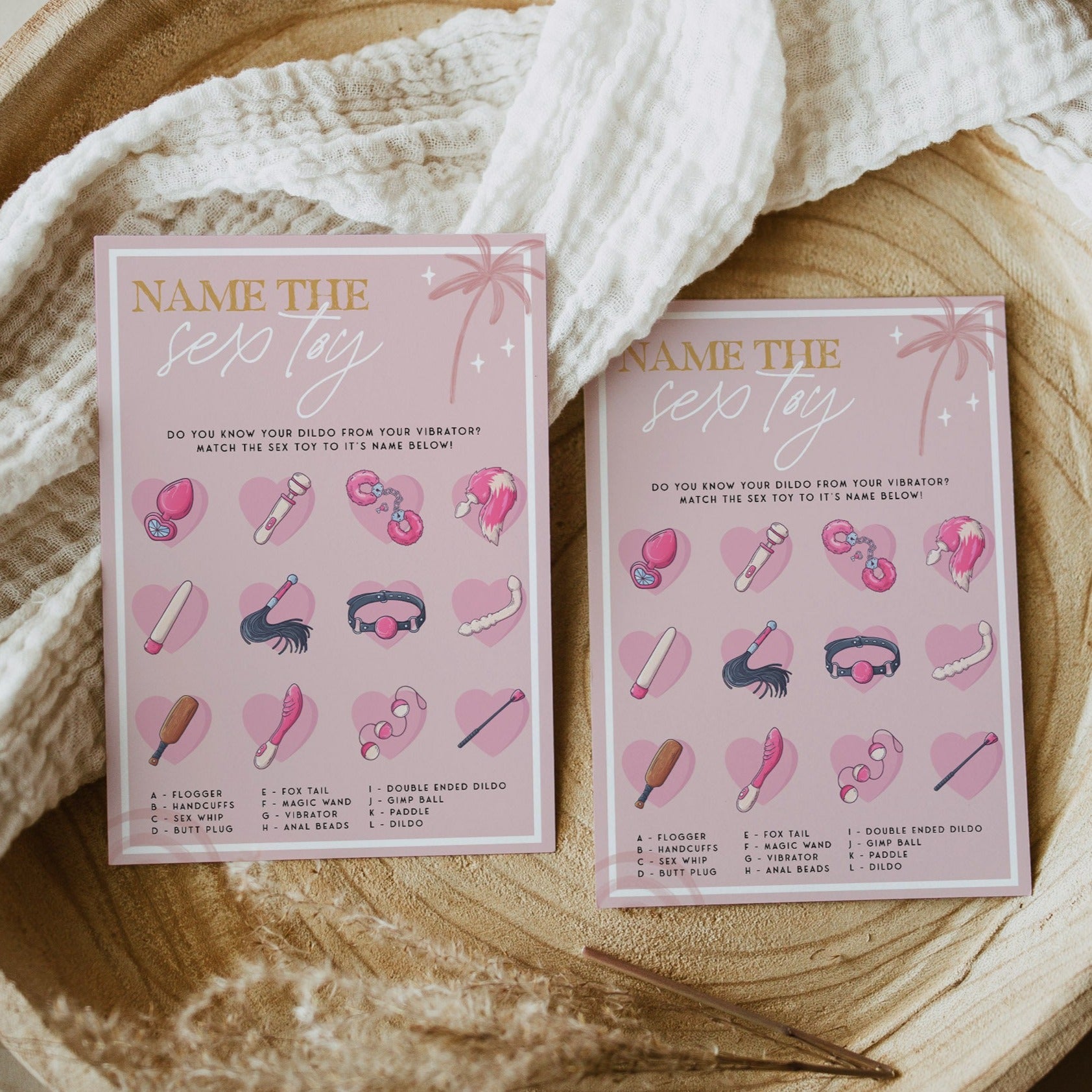 Fully editable and printable bridal shower name the sex toys game with a Palm Springs design. Perfect for a Palm Springs bridal shower themed party