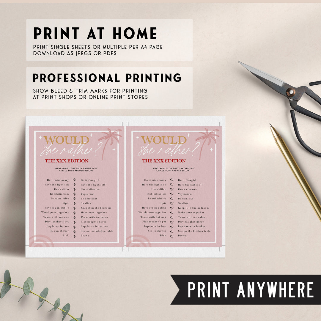 Fully editable and printable bridal shower dirty would she rather game with a Palm Springs design. Perfect for a Palm Springs bridal shower themed party