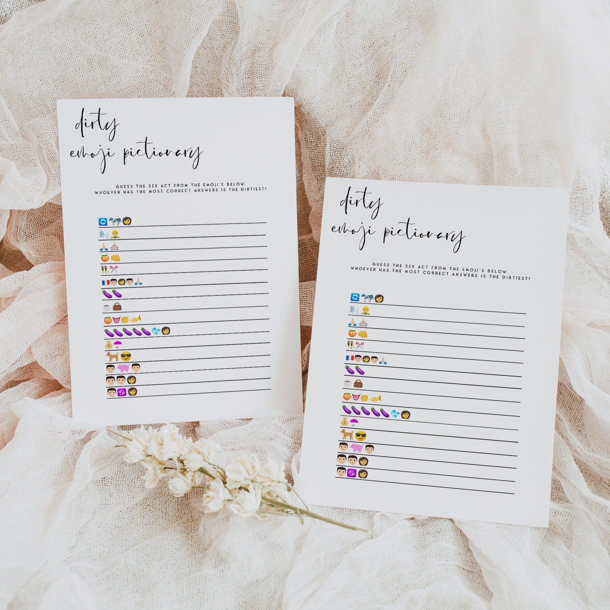 Fully editable and printable bridal shower dirty emoji pictionary game with a modern minimalist design. Perfect for a modern simple bridal shower themed party