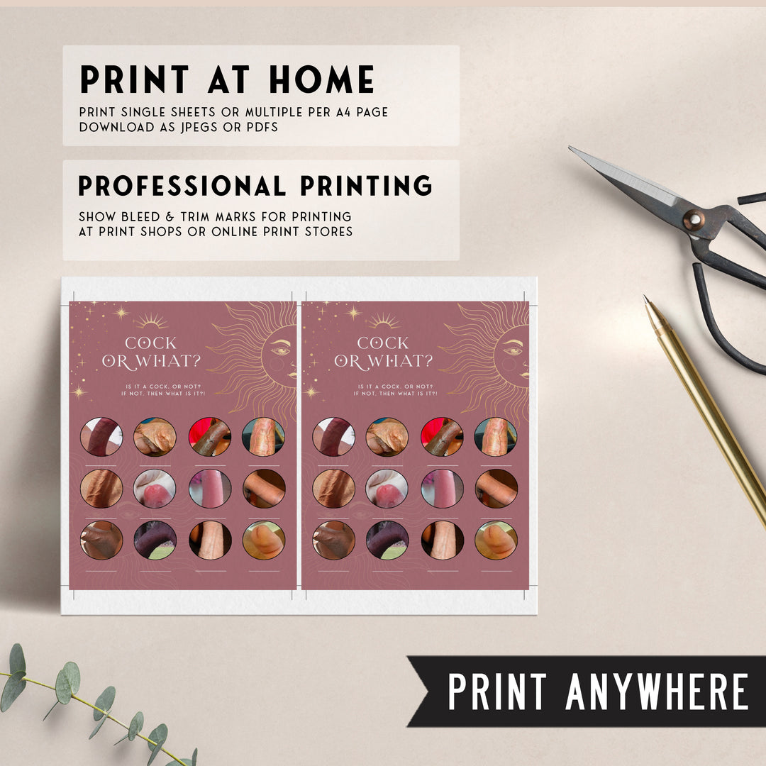 Fully editable and printable bridal shower cock or what game with a celestial design. Perfect for a celestial bridal shower themed party