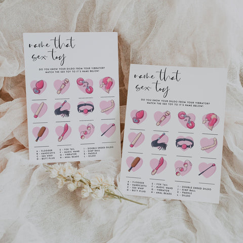 Fully editable and printable bridal shower guess the sex toy game with a modern minimalist design. Perfect for a modern simple bridal shower themed party