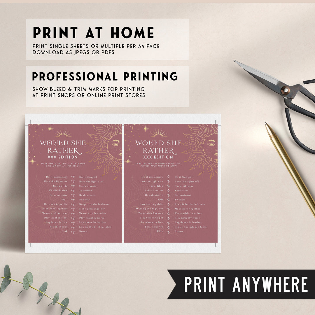 Fully editable and printable bridal shower dirty would she rather game with a celestial design. Perfect for a celestial bridal shower themed party