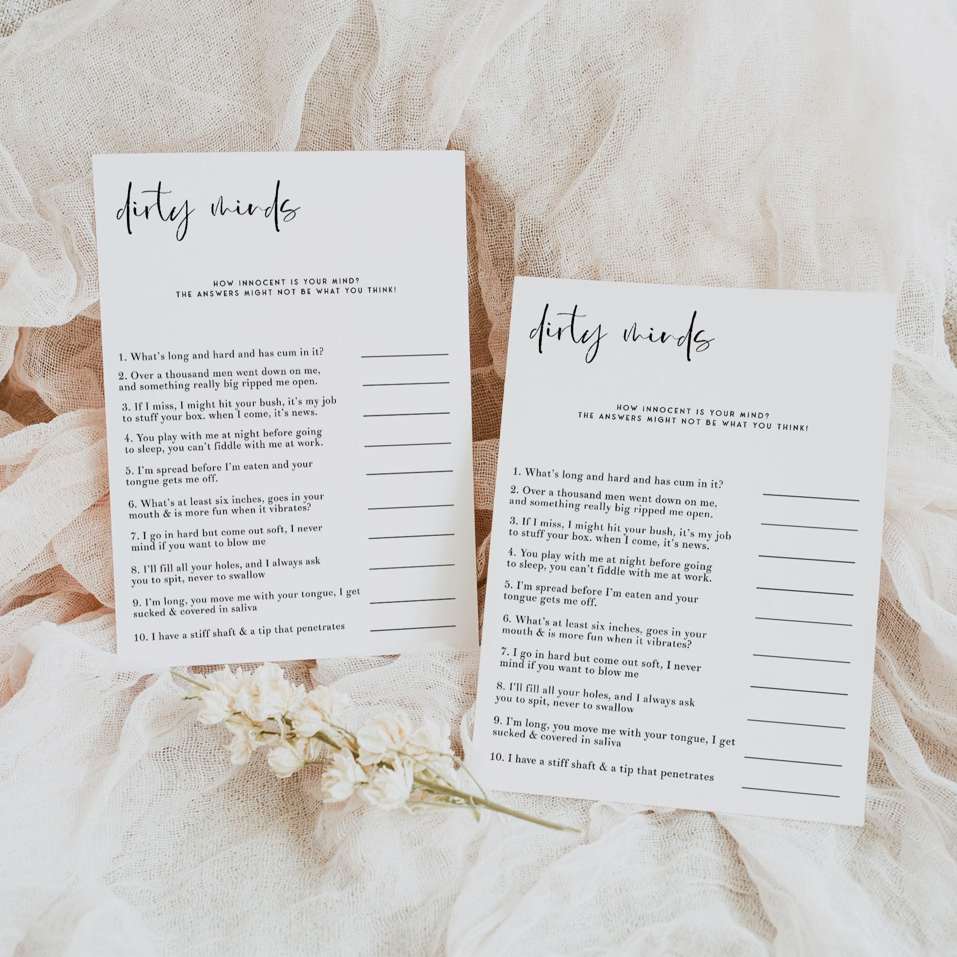 Fully editable and printable bridal shower dirty minds game with a modern minimalist design. Perfect for a modern simple bridal shower themed party