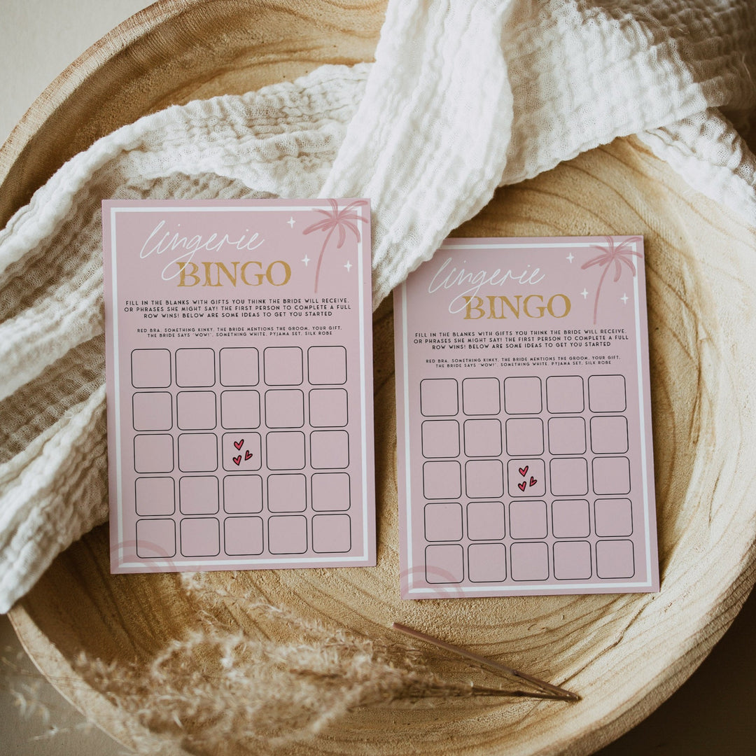 Fully editable and printable bridal shower lingerie bingo game with a Palm Springs design. Perfect for a Palm Springs bridal shower themed party