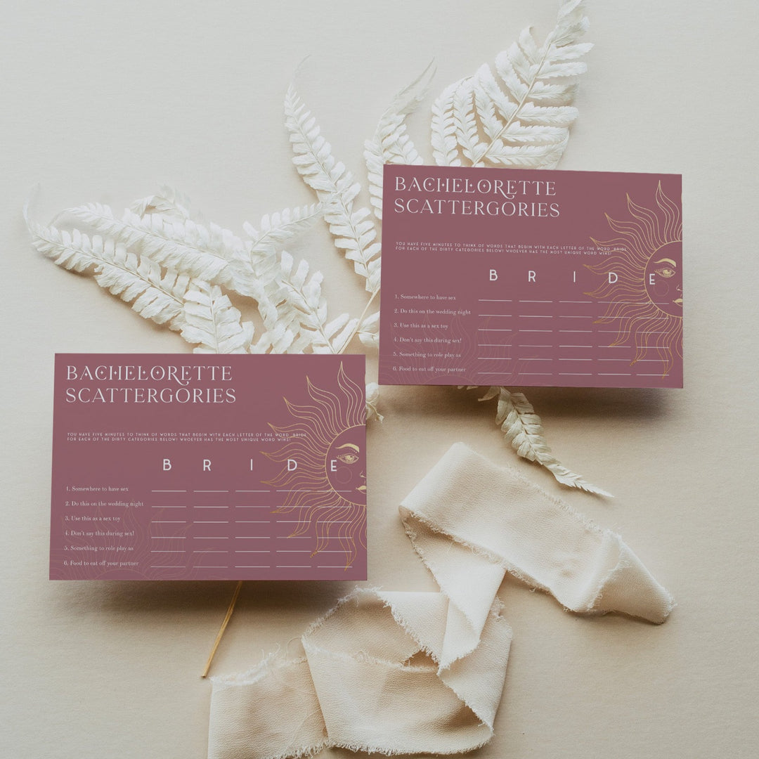 Fully editable and printable bachelorette scattergories game with a celestial design. Perfect for a celestial bridal shower themed party