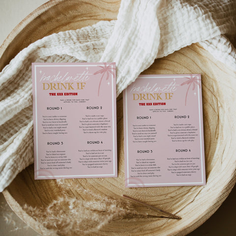 Fully editable and printable bridal shower dirty bachelorette drink if game with a Palm Springs design. Perfect for a Palm Springs bridal shower themed party
