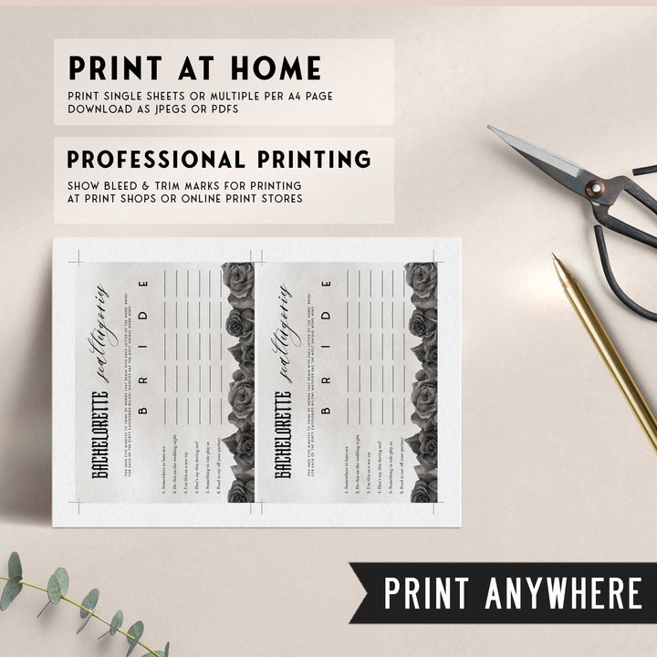 Fully editable and printable bridal shower bachelorette scattergories game with a gothic design. Perfect for a Bride or Die or Death Us To Party bridal shower themed party