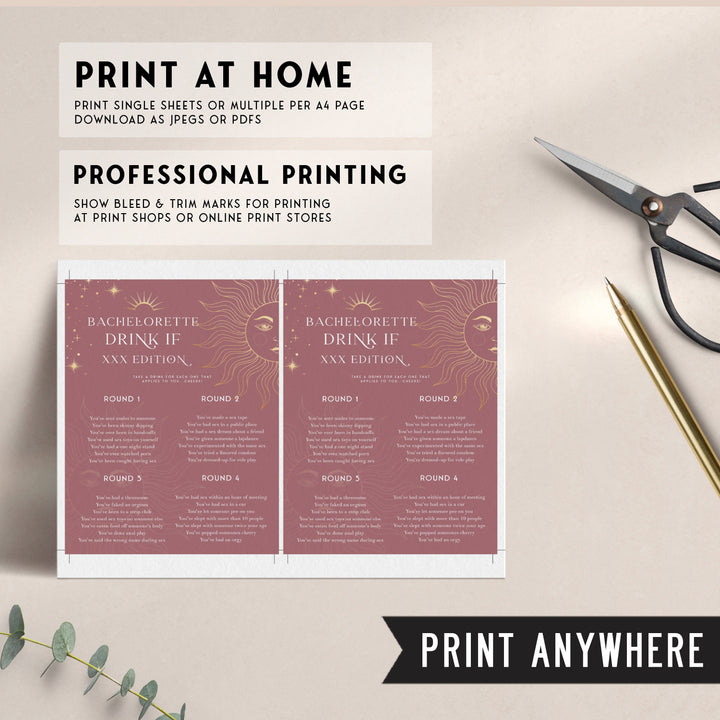 Fully editable and printable dirty bachelorette drink if game with a celestial design. Perfect for a celestial bridal shower themed party