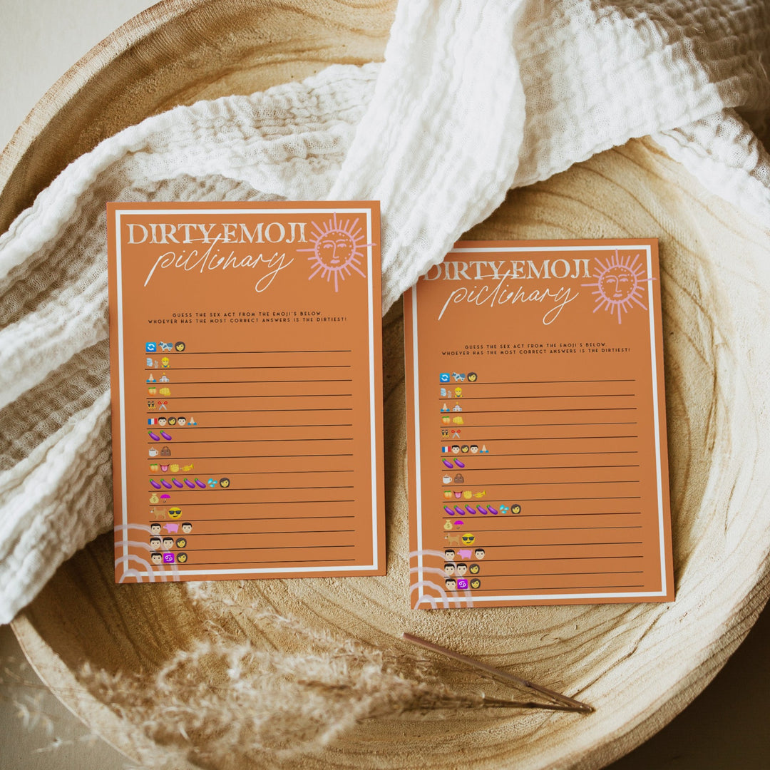 Fully editable and printable bridal shower dirty emoji pictionary game with a Palm Springs design. Perfect for a Palm Springs bridal shower themed party