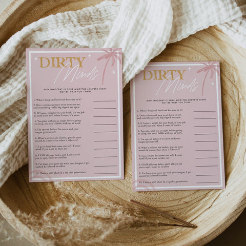 Fully editable and printable bridal shower dirty minds game with a Palm Springs design. Perfect for a Palm Springs bridal shower themed party