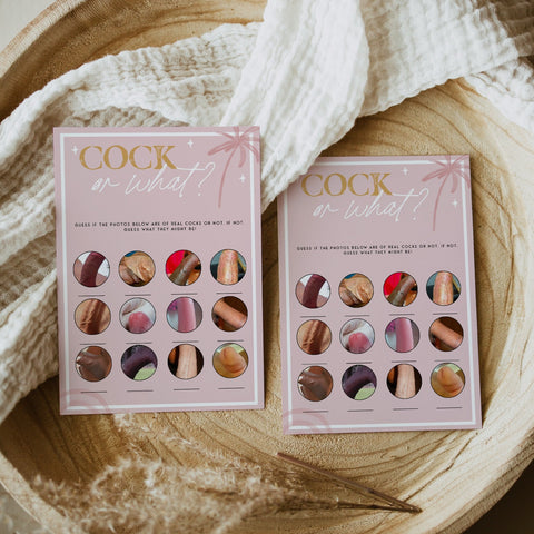 Fully editable and printable bridal shower cock or what game with a Palm Springs design. Perfect for a Palm Springs bridal shower themed party