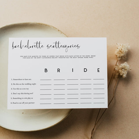 Fully editable and printable bachelorette scattergories game with a modern minimalist design. Perfect for a modern simple bridal shower themed party