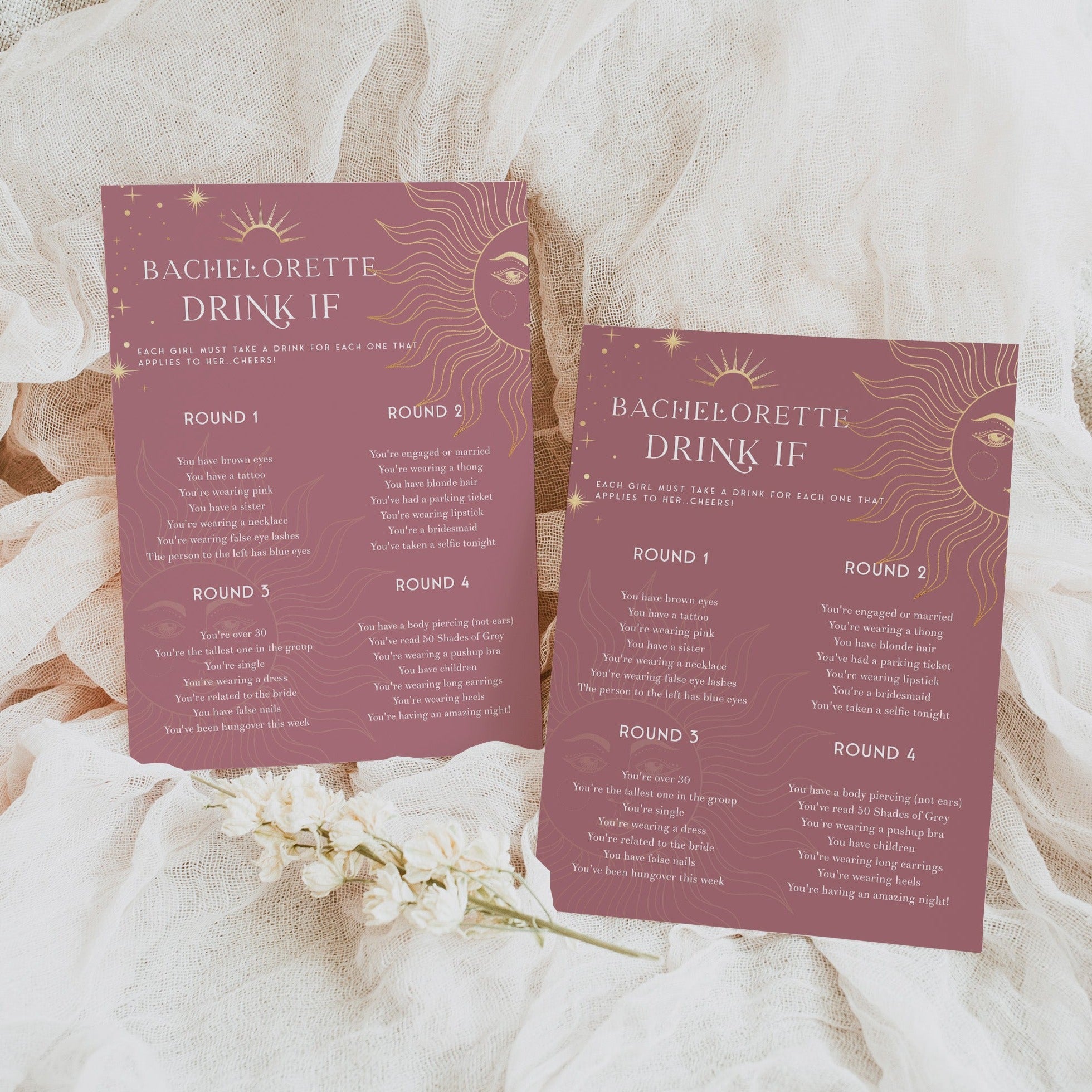 Fully editable and printable bachelorette drink if game with a celestial design. Perfect for a celestial bridal shower themed party