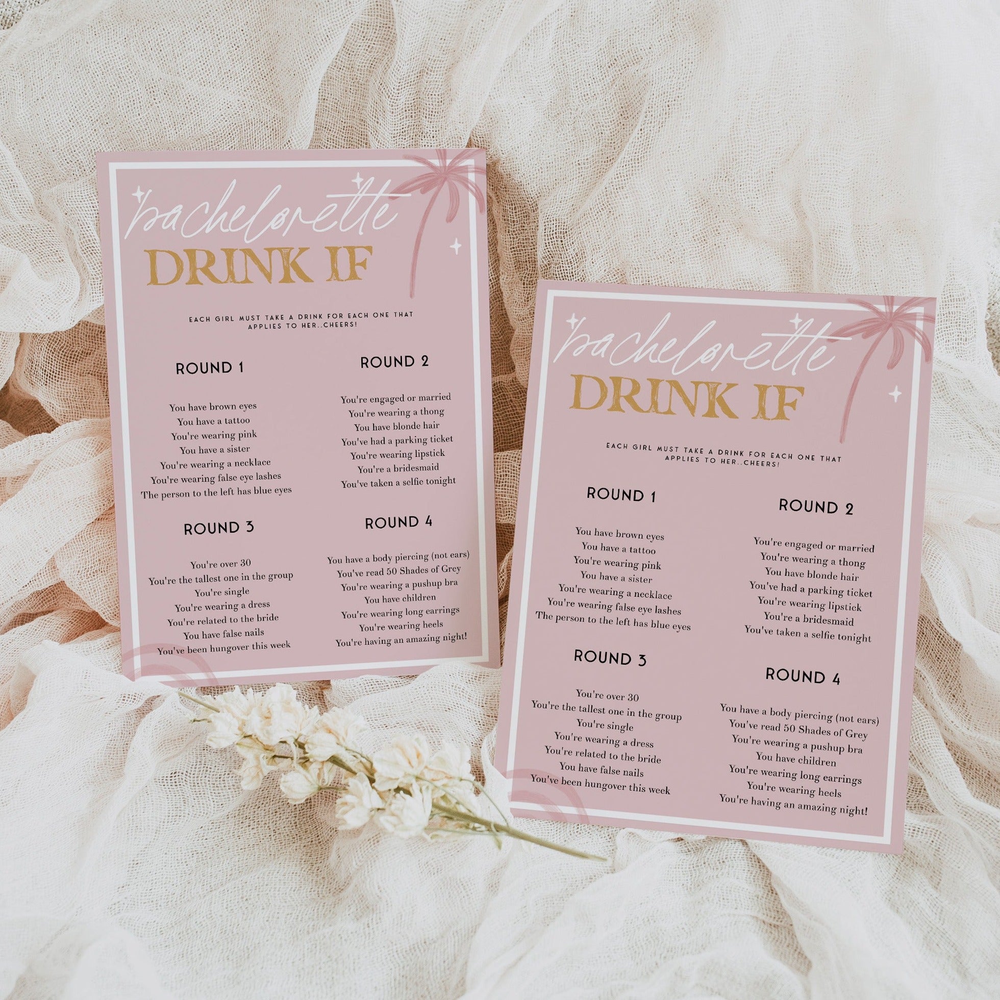 Fully editable and printable bridal shower bachelorette drink if game with a Palm Springs design. Perfect for a Palm Springs bridal shower themed party