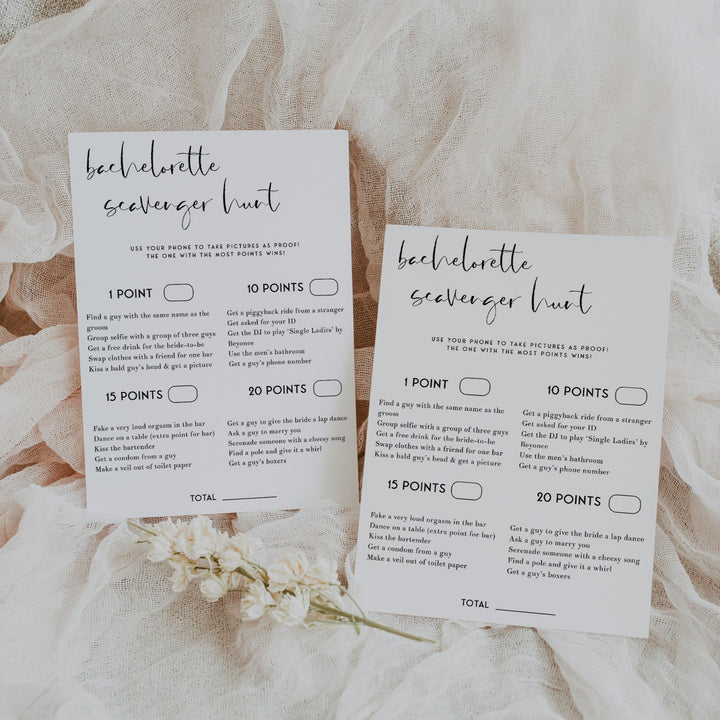 Fully editable and printable bachelorette scavenger hunt games with a modern minimalist design. Perfect for a modern simple bridal shower themed party
