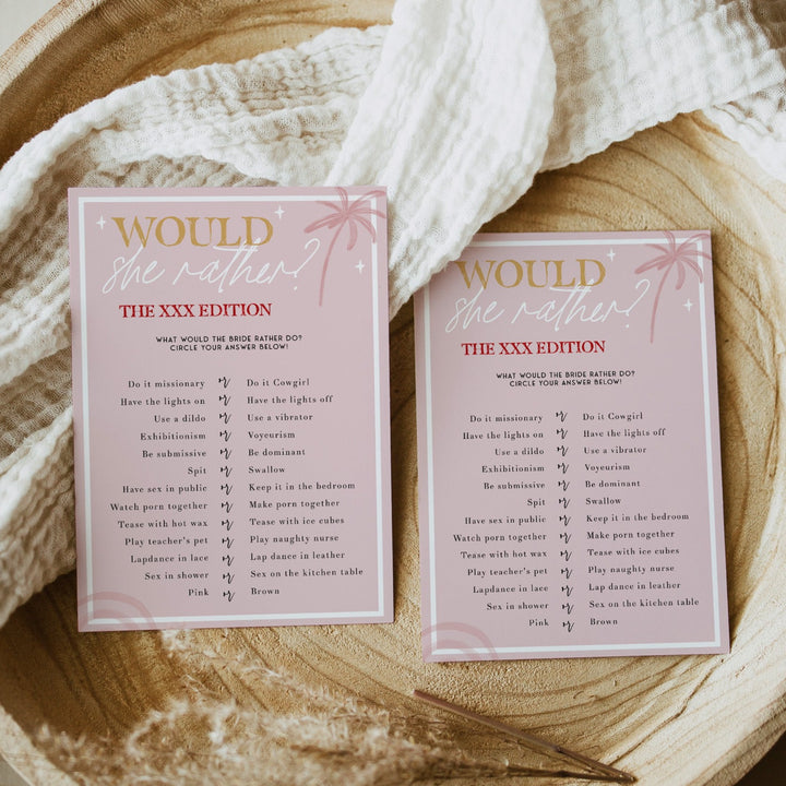 Fully editable and printable bridal shower dirty would she rather game with a Palm Springs design. Perfect for a Palm Springs bridal shower themed party